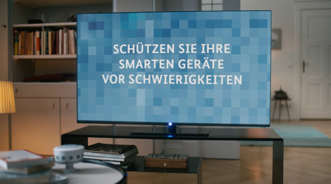 Ein Smart-TV steht in einem Wohnzimmer. Der Bildschirm zeigt den Texte "Schützen Sie Ihre smarten Geräte vor Schwierigkeiten" auf einem hellblauen Pixelhintergrund.
