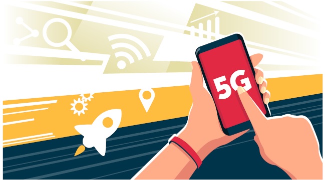Eine Hand benutzt ein Handy auf dem "5G" steht. Im Hintergrund sind Piktogramme mit unterschiedlichen Anwendungsgebieten zu sehen z.B. Wlan